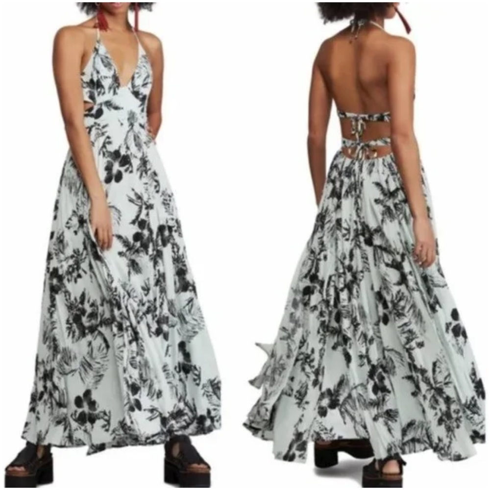 Free People Black & White Floral Halter Maxi Dress